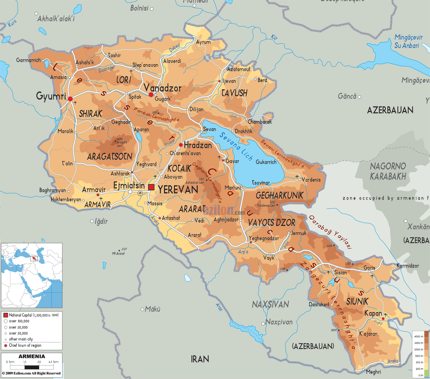 fiziki haritasi ermenistan